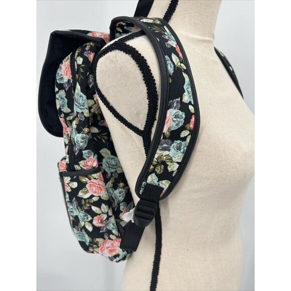 No Boundaries Nylon Flap Backpack Clear Vinyl Pocket Black Floral NWT 16" deep - Picture 4 of 8
